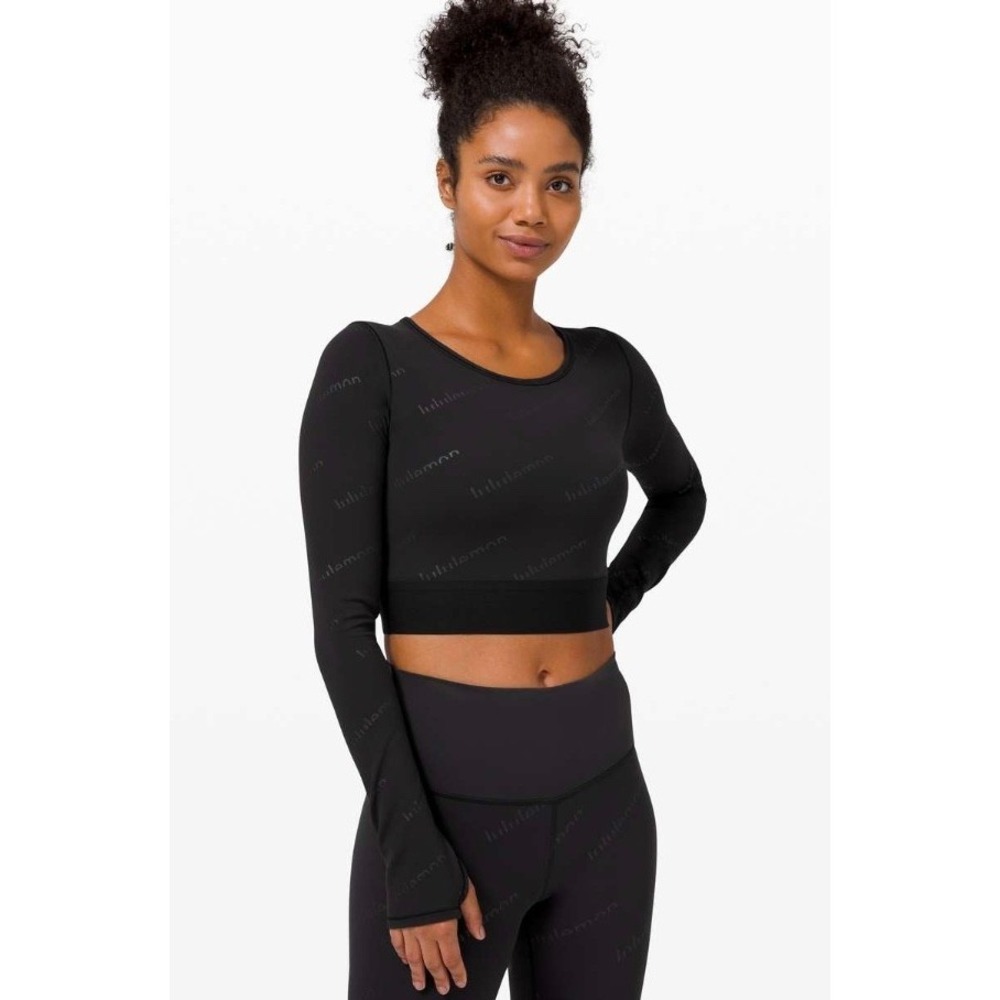 Lululemon Wunder Train Special Edition Crop Long Sleeve Top S Black Logo Print